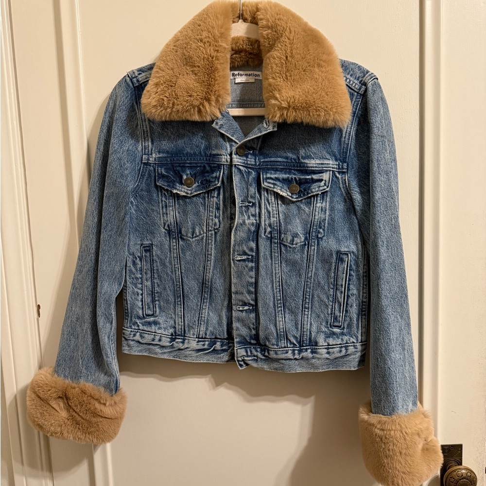 REFORMATION Aussie Faux-Fur Trim Denim Jacket with Faux Fur Collar and Cuffs